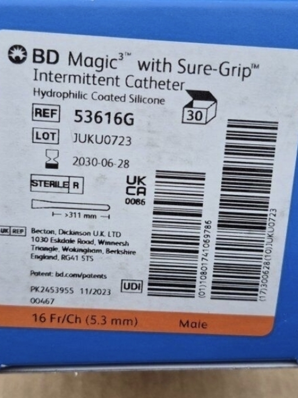 New 30ct Box Bard 16Fr BD Magic3 Male 53616G Straight Cath